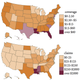 NFIP insurance coverage in 2010 (top map) and claims from 1978 to 2010 (bottom map), both in dollars per capita.